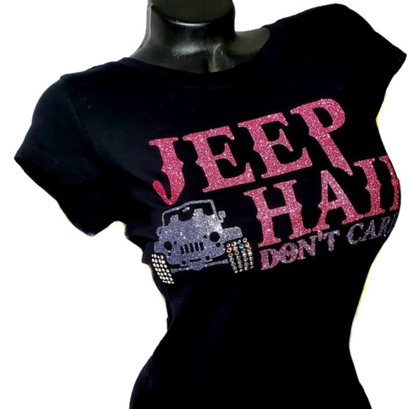 Jeep Hair Don't Care Fitted Tee with Pink Lettering ~ Swark. Crystals. - Picture 1 of 6